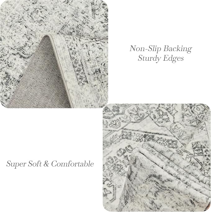 Soalmost 5x7 Area Rugs Light Gray Washable Trendy Faded Style Floral Rugs | Vintage Non-Slip Indoor Accent for Bedroom Dining, Foldable Stain Resistant Floor Carpet Mat Under Table Home Office Decor