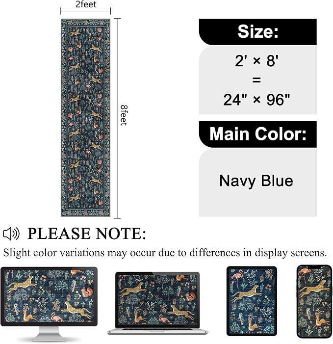 DUKINO 2x8 Washable Runner Rug, Non Slip Animal Kitchen Rugs, Navy Blue | Soft, Low Pile, Non-Shedding Indoor Carpet Runner for Hallway, Entryway, Bedroom, Bathroom, Pet Friendly, Stain Resistant