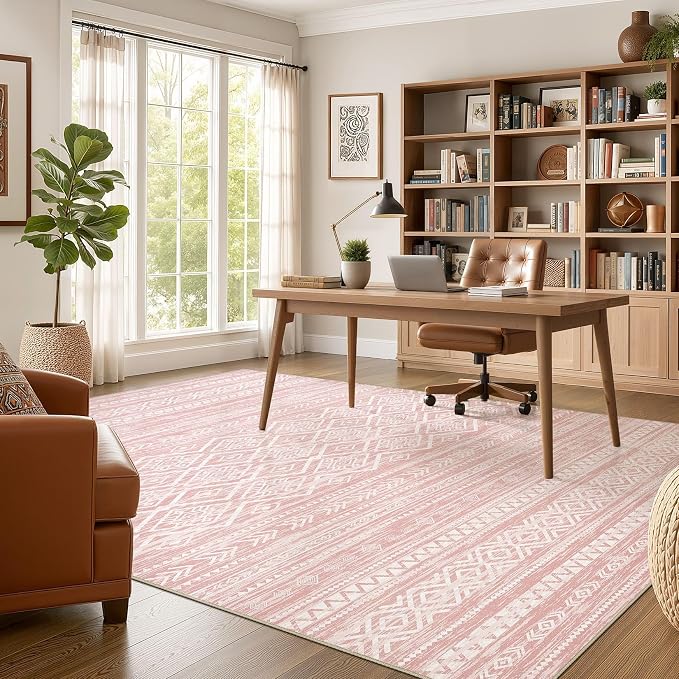 Nakagishi Area Rug Living Room Rugs: 10x12 Large Soft Machine Washable Boho Moroccan FarmNeutral Stain Resistant Indoor Floor Carpet for Bedroom Under Dining Table Home Office Decor-Pink
