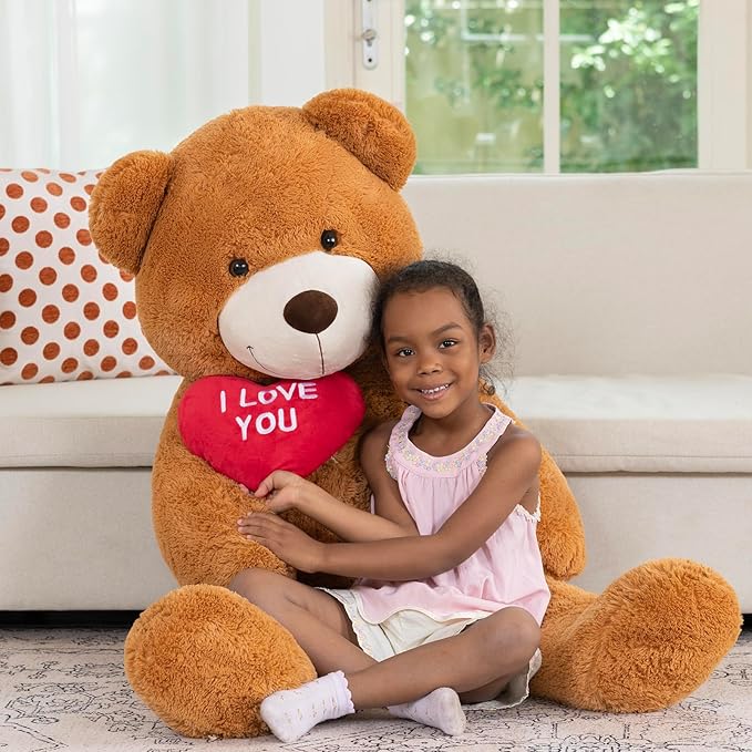 MaoGoLan Big Teddy Bear 4.3ft Stuffed Animal, I Love You Red Heart Giant Teddy Bear Plush Toy, Large Stuffed Animal Gift for Girlfriend, Boyfriend, Kids,Dark Brown