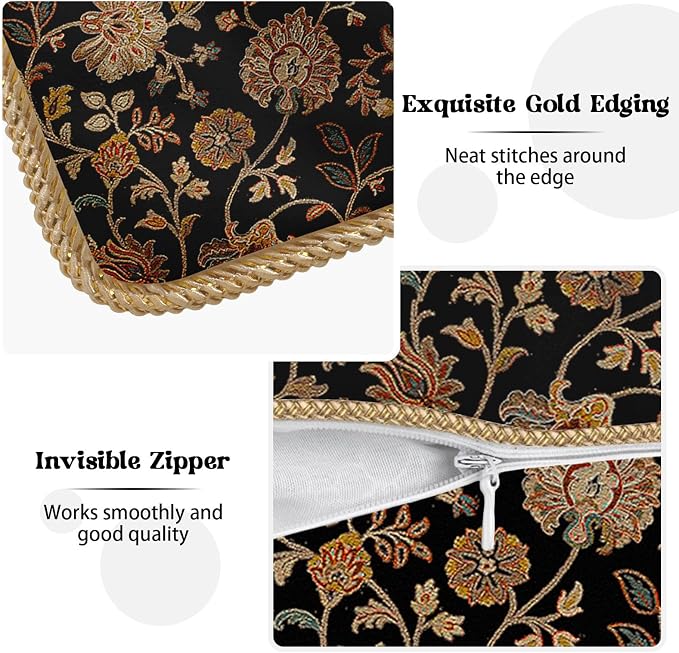 Vintage Tapestry Floral Soft Velvet Throw Pillow Covers Set of 2 Black Brown Bohemian Boho Carpet Flowers Decorative Pillow Covers 20x20 Inch Rustic Retro Rug Pillow Case For Sofa Couch Home Decor