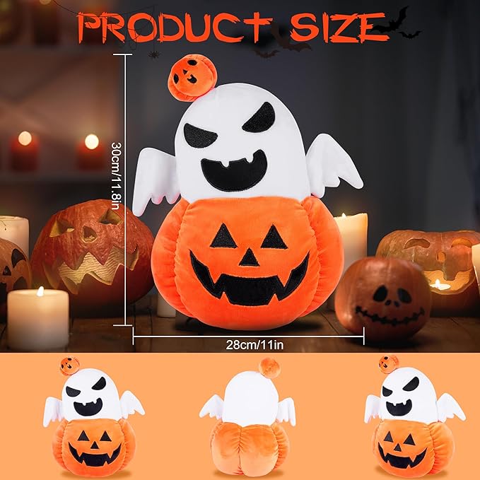 Halloween Pumpkin Plush Ghost Toy, 12 Inch Cute Spooky Jack O' Lantern Ghost Stuffed Animal, Soft Plushies Pillow Halloween Party Decor and Gifts for Kids Boys Girls