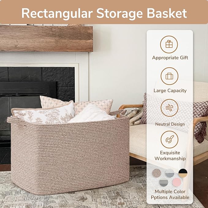 Goodpick 105L Extra Large Woven Rope Blanket Basket, Rectangle, Brown | 25'' x 16'' x 16'' Storage Basket for Blankets, Clothes & Pillows, Living Room & Bedroom Organization, Reinforced Handles