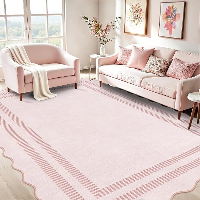 Pink Rugs for Bedroom Girls, 6x9 Washable Non Slip Area Rugs for Living Room, Soft Vintage Ultra-Thin Scalloped Carpet for Nursery Dorm Home Decor