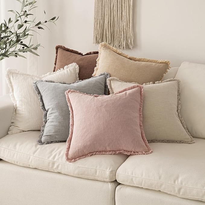 MIULEE Boho Linen Fringe Decorative Throw Pillow Covers Light Pink 18x18 | Set of 2, Cottagecore Decor, Boho Farmhouse Neutral Pillow Covers, Rustic Couch Cushion Cases for Sofa Bed Living Room