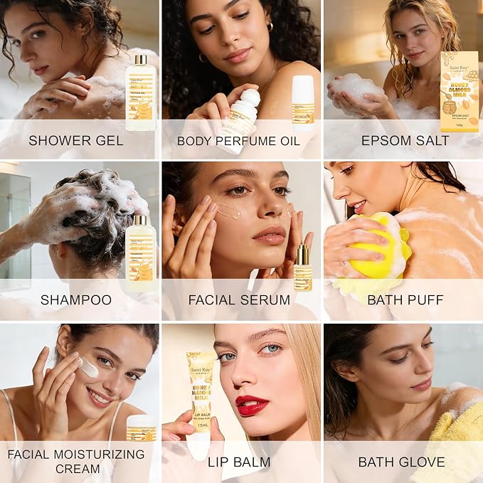 34Pcs Spa Gift Set for Women Men, Honey Almond Milk Bath & Body Gift Basket | Face Skin Care Kit, Home Spa Self Care Kit, Self-Care Gift, Pamper Kit Birthday, Christmas, Mother Day, Anniversary, Husband