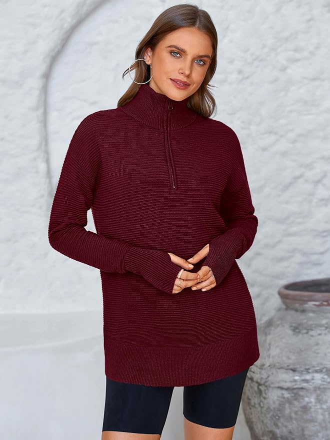 PRETTYGARDEN Womens Long Sleeve Quarter Zip Pullover Sweater Casual Loose V Neck Collared Ribbed Knit Jumper Tops Thumb Hole