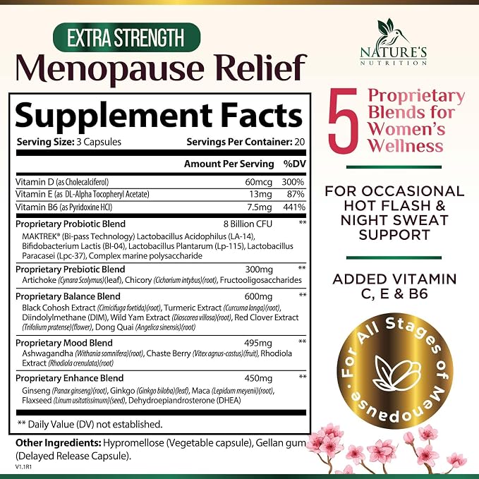 Menopause Supplement for Women - Natural Menopause Relief Support for Mild Hot Flashes & Night Sweats - Best Probiotics for Women, Dong Quai, Black Cohosh, Ashwagandha - Bottled in USA - 60 Capsules