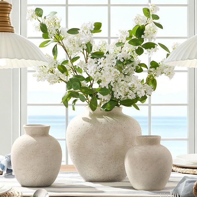 Vanselia Ceramic Flower Vase Home Decor - Farmhouse Table Vases Rustic Vintage Living Room Kitchen Bedroom Decorations for House Book Shelf Office Coffee Desk Dining Fireplace (7.4" Rustic)