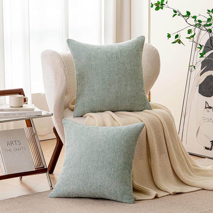 a moment Light Green Chenille Throw Pillow Covers 18x18 Inch Pack of 2 Modern Decorative Throw Pillow Covers Farmhouse Cross Covers Home Decor for Sofa Bedroom Living Room