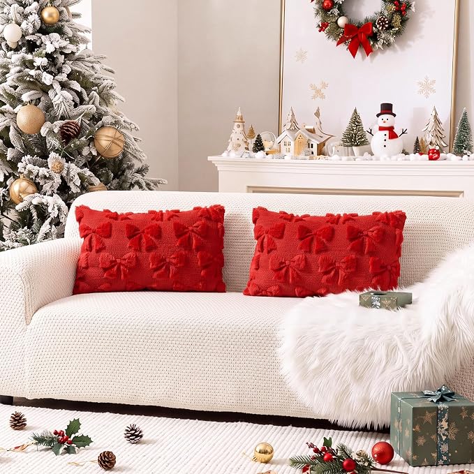 Mixweer Red Bow Pillow Covers Set of 2 Preppy Room Decor Coquette Cute Spring Summer Decorative Faux Fur Soft Bowknot Stuff Fluffy Plush Aesthetic Pillowcase for Bed Sofa Couch (12 x 20 Inch)