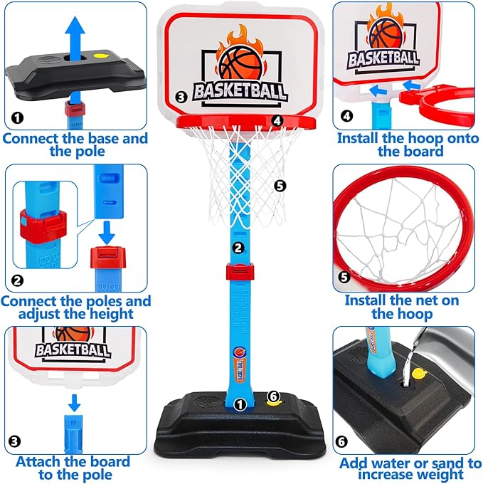 Toddler Basketball Indoor Toys for Age 3, Mini Adjustable Kids Basketball Hoops with Ball Pump Outdoor Pool Basketball Goal Sports Outside Play Toys for 3 year old Baby Boys Girls Birthday Gifts