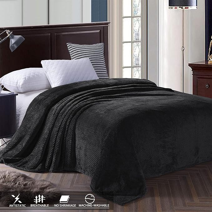 Exclusivo Mezcla Soft Waffle Fleece Bed Blanket King Size, Black | Lightweight Plush Blanket for Bed, Bedroom, Cozy Flannel with Waffle Texture, Stylish Home Decor, All Season, 104x90 Inches
