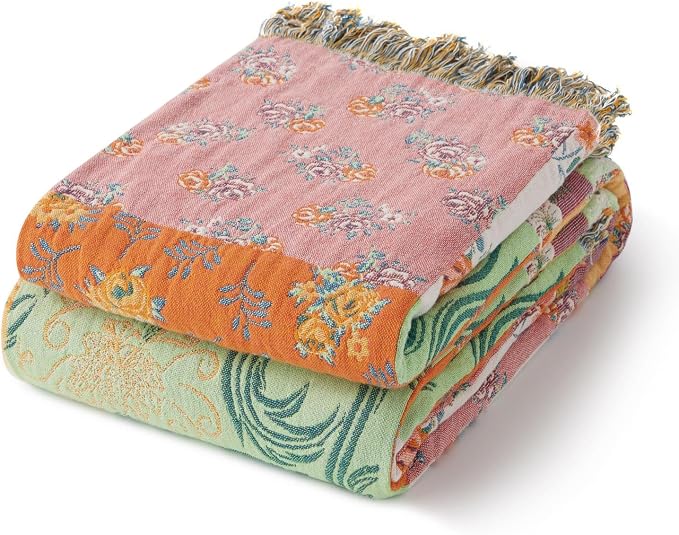RILIHO 100% Cotton Boho Throw Blanket for Home Decor – Classic Farmhouse Quilt Bedding, Muslin Blankets for Adults, Vintage Woven Decorative Blanket for Couch, Bed Layering Use, Patchwork, 104"x90"