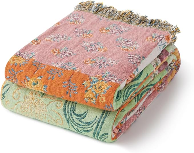 RILIHO 100% Cotton Boho Throw Blanket for Home Decor – Classic Farmhouse Quilt Bedding, Muslin Blankets for Adults, Vintage Woven Decorative Blanket for Couch, Bed Layering Use, Patchwork, 50"x60"