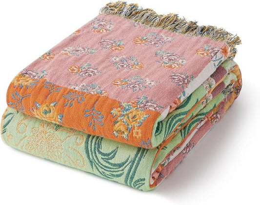 RILIHO 100% Cotton Boho Throw Blanket for Home Decor – Classic Farmhouse Quilt Bedding, Muslin Blankets for Adults, Vintage Woven Decorative Blanket for Couch, Bed Layering Use, Patchwork, 90"x90"