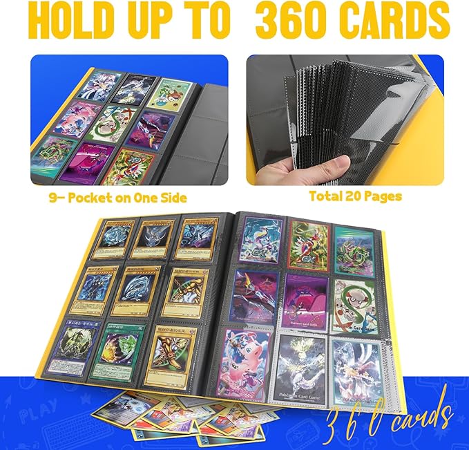Card Binder 9-Pockets, Trading Card Binder,20 Pages, 360 Card Capacity Collection Binder, Card Folder for MTG, TCG, Game Cards & Sports Cards（Yellow）