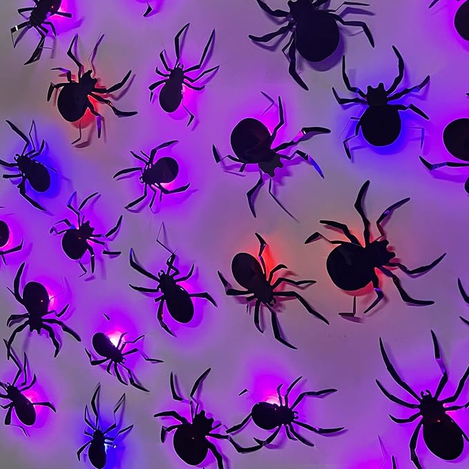 DR.DUDU 36 Pack Halloween Wall Decor Light up Spiders Window Decorations | Multi-Color LEDs, 3D Spider Stickers, Removable Wall Decals, Assorted Sizes, For Indoor Outdoor Bathroom Home Party