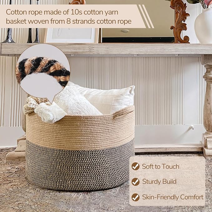 INDRESSME XXXLarge Woven Wicker Blanket Basket Living Room Black Jute, 90L | Wicker baskets for organizing shoe, dog toys & pillows. For living room bedroom or nursery decor. soft-touch with handles