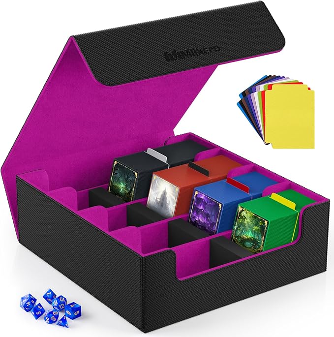 Mlikero Card Deck Case, 2400+ Trading Card Storage Box with 10 Colorful Dividers and 4 Foam Stoppers, Leather Magnetic Closure Commander Deck Box Fit for MTG, TCG (4 Rows, Black&Purple)