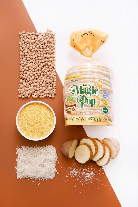Kim's Magic Pop Freshly Popped Rice Cakes | Vegan | Chickpea Flavor | 12 Bags | 15 Cakes per Bag | Low Carb, Sugar Free, Fat Free, Natural, Multigrain Korean Snack | Easy Bread, Chip, Cracker Replacement
