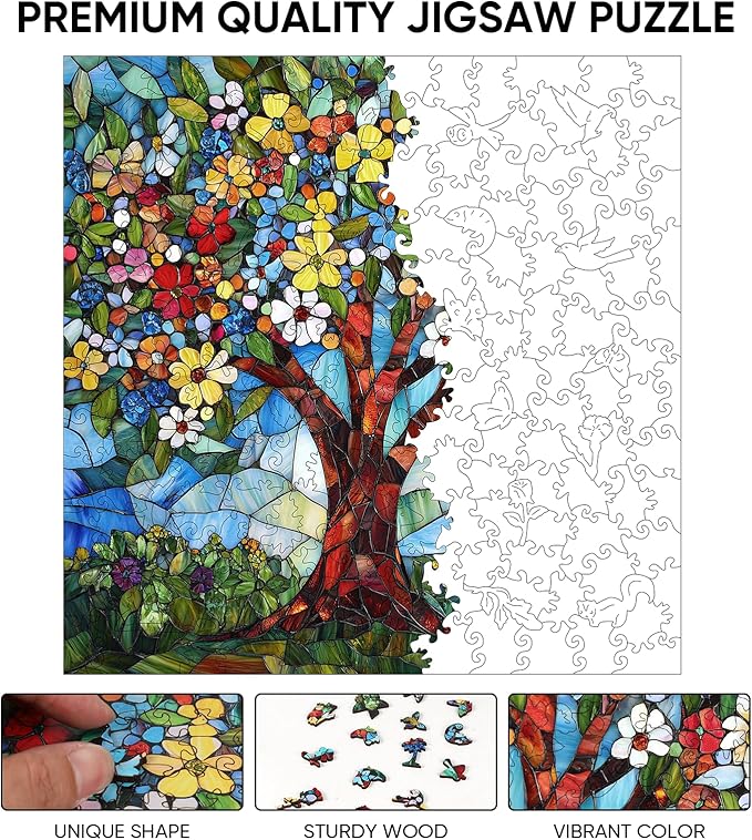 Ixfyloop Stained Glass Wooden Puzzles for Adults, Tree of Life Jigsaw Puzzles, Colorful Flower Adults Puzzles 500 Pieces, Best Festival Gifts for Family Game, 15.9x15.9 inch