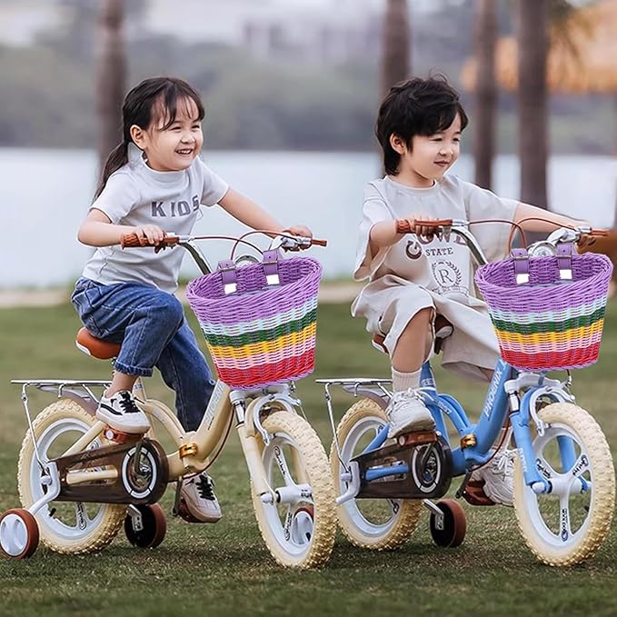 Kid's Bicycle Basket,Colored Tassels Wicker Front Handlebar Bike Basket Handlebar with Streamers Bell and Stickers,Bicycle Decoration for Girls and Boys