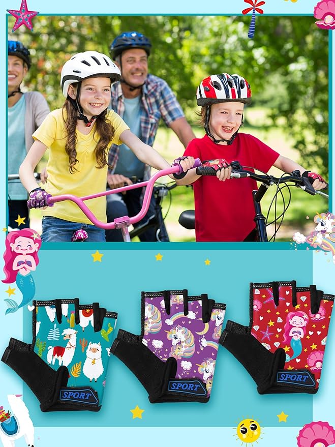 Boao 3 Pairs Kids Half Finger Bike Gloves Non-Slip Breathable Adjustable Birthday Gift for Boys Girls for Bike Workout