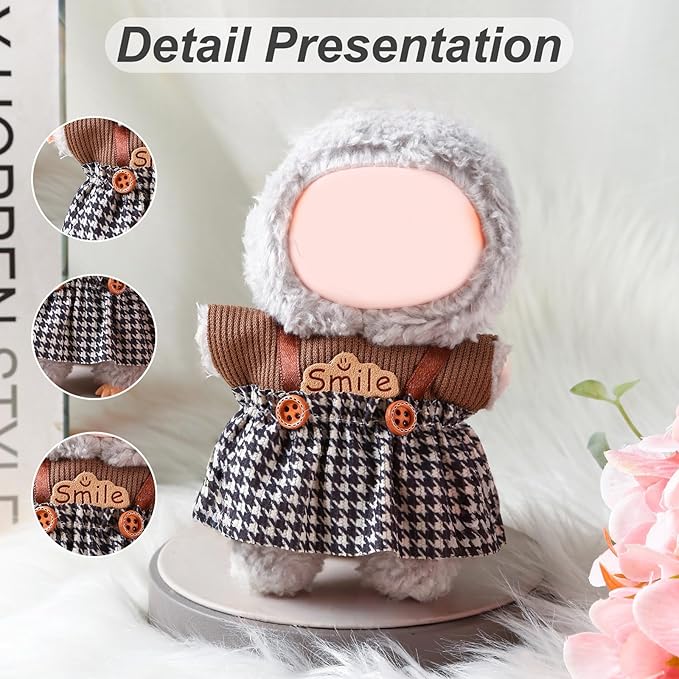 17cm Doll Clothes Set (No Doll) – Outfit with Hat & Overalls, Handmade Accessories for Mini Dolls, OB11-Compatible Dress-Up Gift (Retro Plaid Skirt)