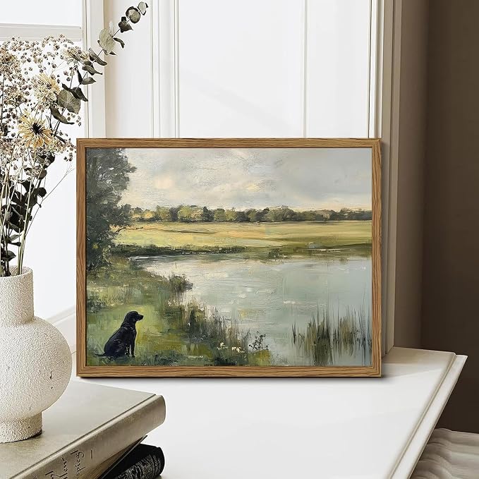 Framed Vintage Hunting Black Dog Wall Art, Rustic Country Nature Landscape Pictures Wall Decor, Farmhouse Animal Paintings Canvas Prints Aesthetic Home Decor for Living Room Bedroom 8x10 inch