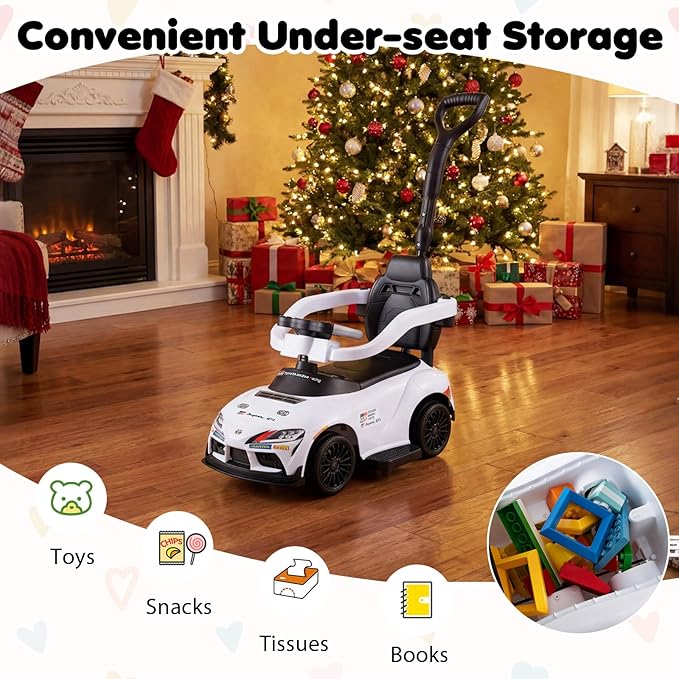Costzon Push Car for Toddlers, 3 in 1 Toyota Licensed Stroller Sliding Walking Car w/Handle, Music, Safety Guardrail, Under-Seat Storage, Foot-to-Floor Kids Ride On Toys for Boys Girls (White)