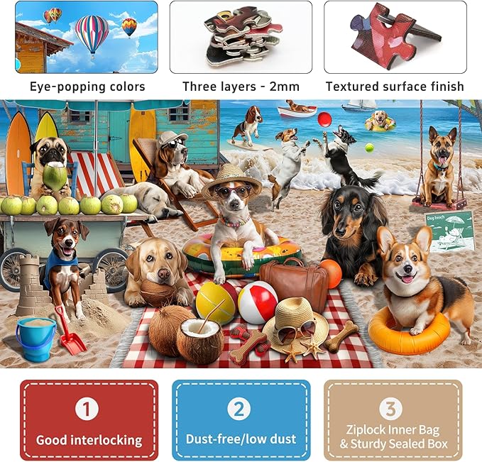 1000 Piece Jigsaw Puzzle for Adults - Dog Days at The Beach, Vacation Scene with Coconut Hut, Hot Air Balloons, and Playful Details, Fun and Challenging Jigsaw by Naturelish, 26.65 x 19.25 in
