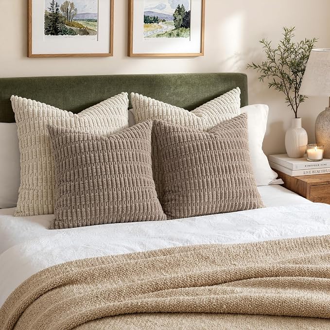 MIULEE Euro Sham Decorative Throw Pillow Covers 26x26 Light Brown Pack of 2 | Soft Corduroy Boho Striped Pillow Covers Modern Farmhouse Fall Home Decor For Sofa Living Room Couch Bed