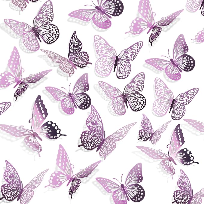 SAOROPEB 3D Butterfly Wall Decor 48 Pcs Lavender Butterfly Decorations | 4 Styles 3 Sizes, Butterfly Birthday Decorations Butterfly Party Decorations Cake Decorations, Removable Stickers