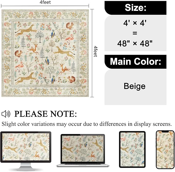 DUKINO 4x4 Square Area Rug, Washable Animal Rug for Entryway, Beige | Non Slip, Low Pile, Soft Indoor Carpet for Bedroom, Kitchen, Office, Kids Room, Farmhouse, Pet Friendly, Stain Resistant