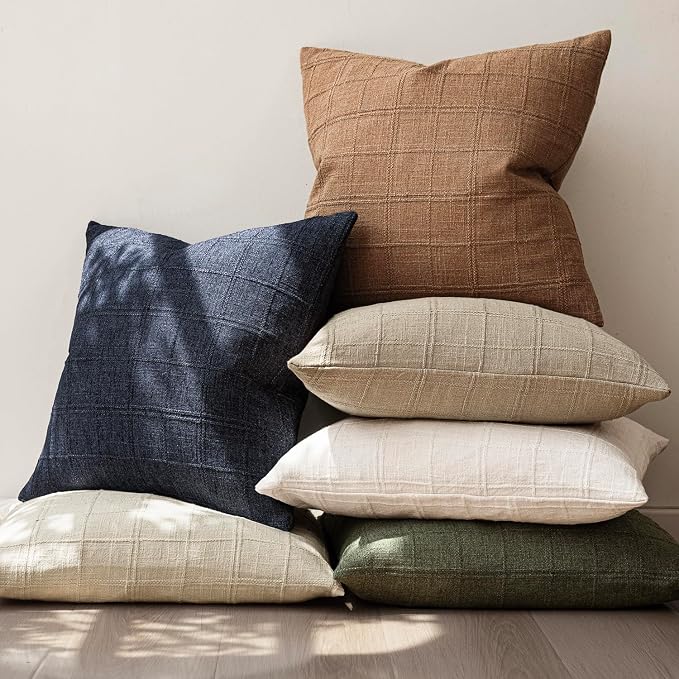 Foindtower Set of 2 Decorative Linen Check Throw Pillow Covers Neutral Farmhouse Vintage Cushion Covers Modern Boho Home Decor for Sofa Chair Couch Bedroom Living Room,26×26 Inch,Navy Blue