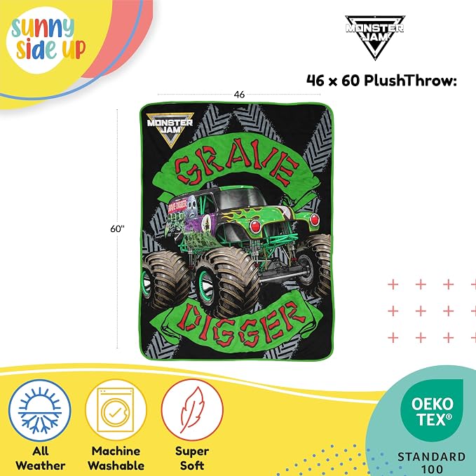 Sunny Side Up Monster Jam Plush Throw Blanket - Measures 46 x 60 Inches - Super Soft & Cozy Fleece Kids Bedding Features Grave Digger