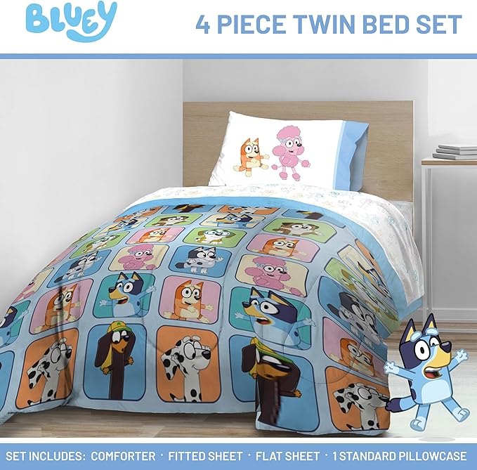 Jay Franco Bluey Twin Size Comforter Set - 4 Piece Bedding Includes Sheet Set, Pillow Covers & Bonus Duffle Bag - Super Soft Kids Bedding with Bingo, Muffin, Coco & Snickers