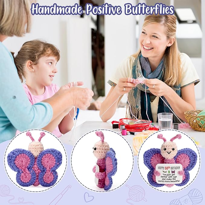 50th Birthday Gifts for Women, Tiny Crochet Butterfly Plush with Pink Purple Wings Holding Positive Note, Happy 50th Birthday Decoration & Gift for 50 Year Old Women