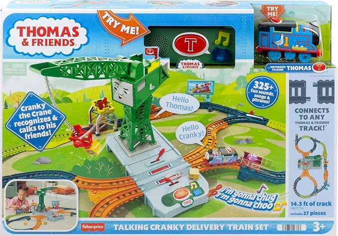 Thomas & Friends Motorized Toy Train Set, Talking Cranky Delivery with Track, Sounds & Phrases for Pretend Play Preschool Kids Ages 3+ Years