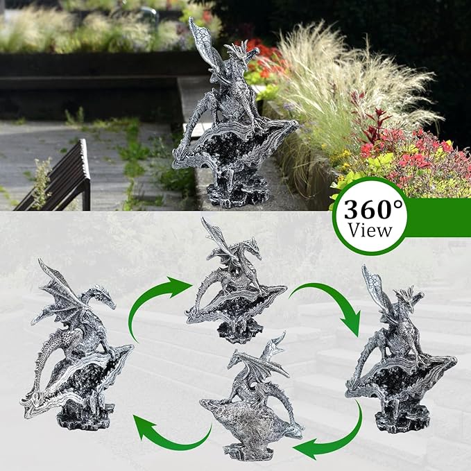 Gothic Medieval Mythic Dragon Figurine Statue Fantasy Decoration Table Office Home Bedroom Livingroom Decoration Gift (7 Inches,Silver)