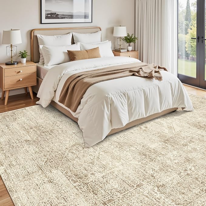 Soalmost Washable Area Rug 8x10 Large Soft Living Room Rugs Light Brown | Farmhouse Vintage Carpet Non-Slip for Dining Bedroom, Stain Resistant Low Pile Foldable Thin Floor Mat Under Table Home Decor