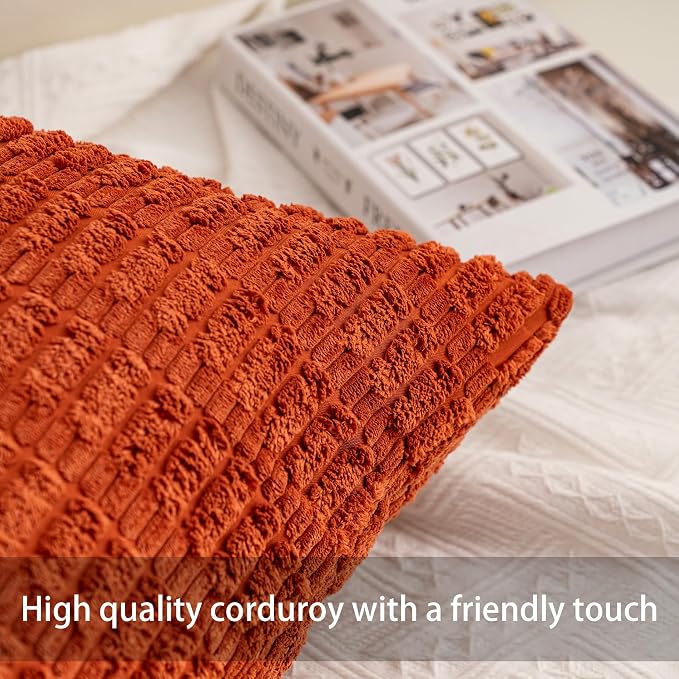 Pack of 2 Corduroy Decorative Throw Pillow Covers 18x18 Inch, Wine Red | Fall Soft Striped Pillow Covers Modern Farmhouse Home Decor Christmas Throw Pillow Covers for Sofa Living Room Couch Bed
