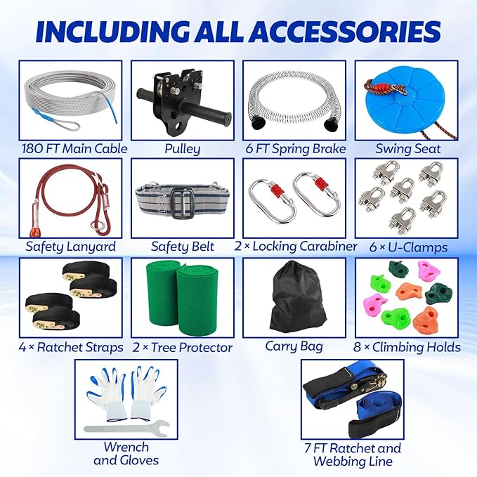 FAHKNS Zip Line Kit for Kids Adults: 180FT Up to 400 lbs - Updated Removable Design Trolley,Thickened Seat,Safety Harness,Quick Tighten Zipline Kits for Outdoor Backyard