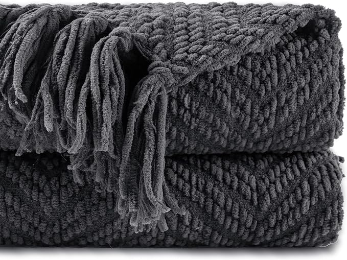 BATTILO HOME Dark Grey Throw Blanket for Couch, 60"x80" | Knit Charcoal Throw Blanket Versatile for Chair, Super Soft Warm Grey Blanket with Tassels for Bed, Sofa and Living Room
