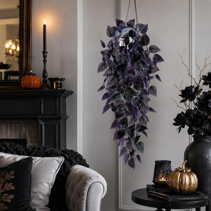 Der Rose 4 Pcs Fake Hanging Plants for Halloween Bathroom Decor Indoor | Black and purple party decorations for gothic halloween decor, bathroom shelves, covered porches and Halloween mantel decor
