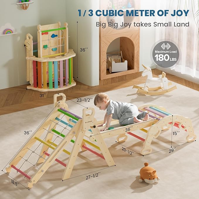 BlueWood 2024 8-in-1 Pikler Triangle Climbing Set Toddler Toys Indoor Baby Jungle Gym Climber Playground for Kids - Rainbow