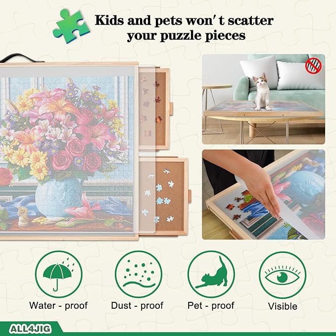 ALL4JIG 1500 Pieces 2-in-1 Tilting & Rotating Puzzle Board, 34.2" x 25.2"Adjustable Angle Puzzle Board with 4 Drawers & Clear Protective Cover, Birthday Gift for mom