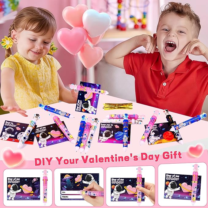 24 Pack Valentines Day Gifts for Kids Classroom Multicolor Ballpoint Pen with Valentines Day Cards for Kids School, Valentines for Kids Classroom Class Exchange Gifts Prize Party Favors for Boys Girls