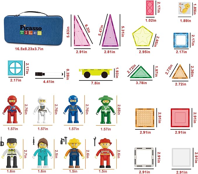 PicassoTiles 100pc Magnet Tile Construction Building Block Set with Carry Case Car Base Magnetic 8pc Characters Whiteboard Markers Idea Book Magnetized Toy Kit Playset Kids STEM Learning Age 3+ PB01